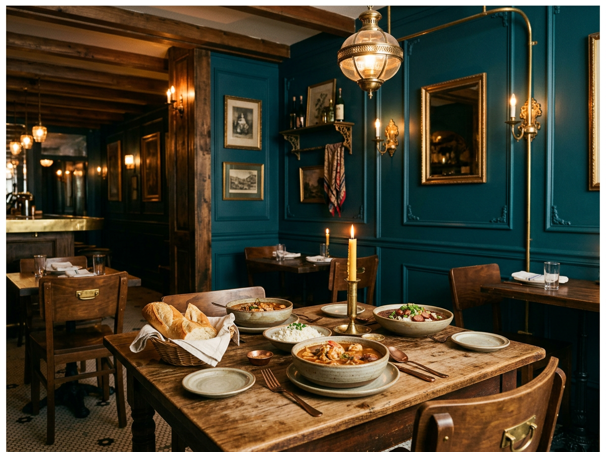 Sample listing photo: a Creole dining room with a plate of gumbo on the table