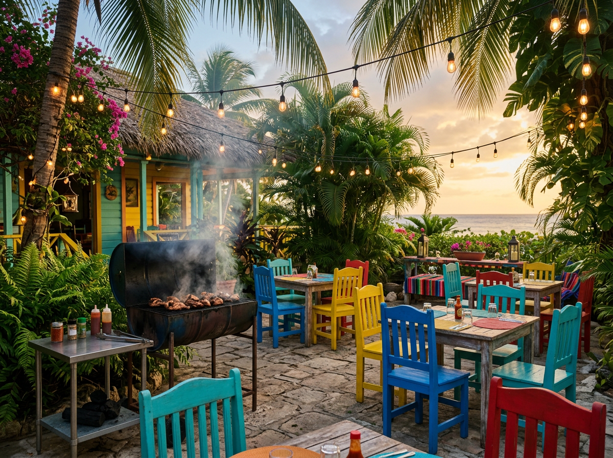 Sample listing photo: a Caribbean patio with a smoking grill and colourful chairs under string lights