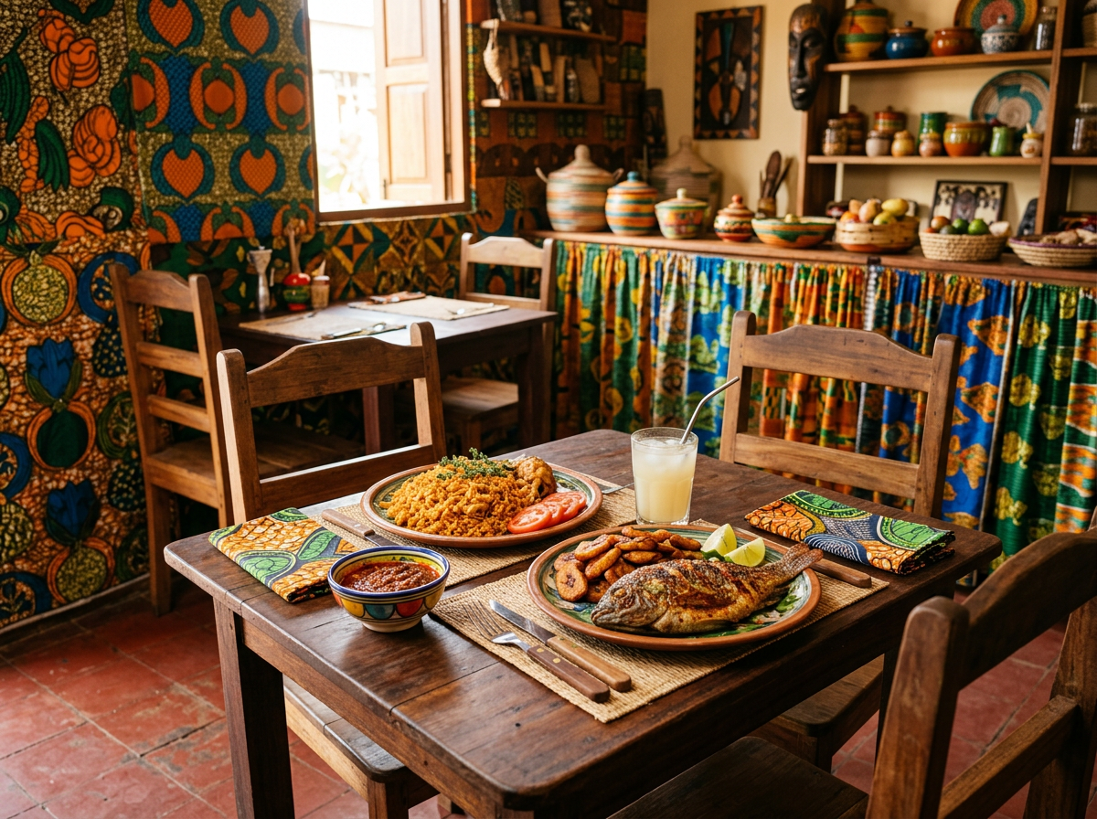 Sample listing photo: jollof rice and fried fish on a wooden table with wax-print napkins