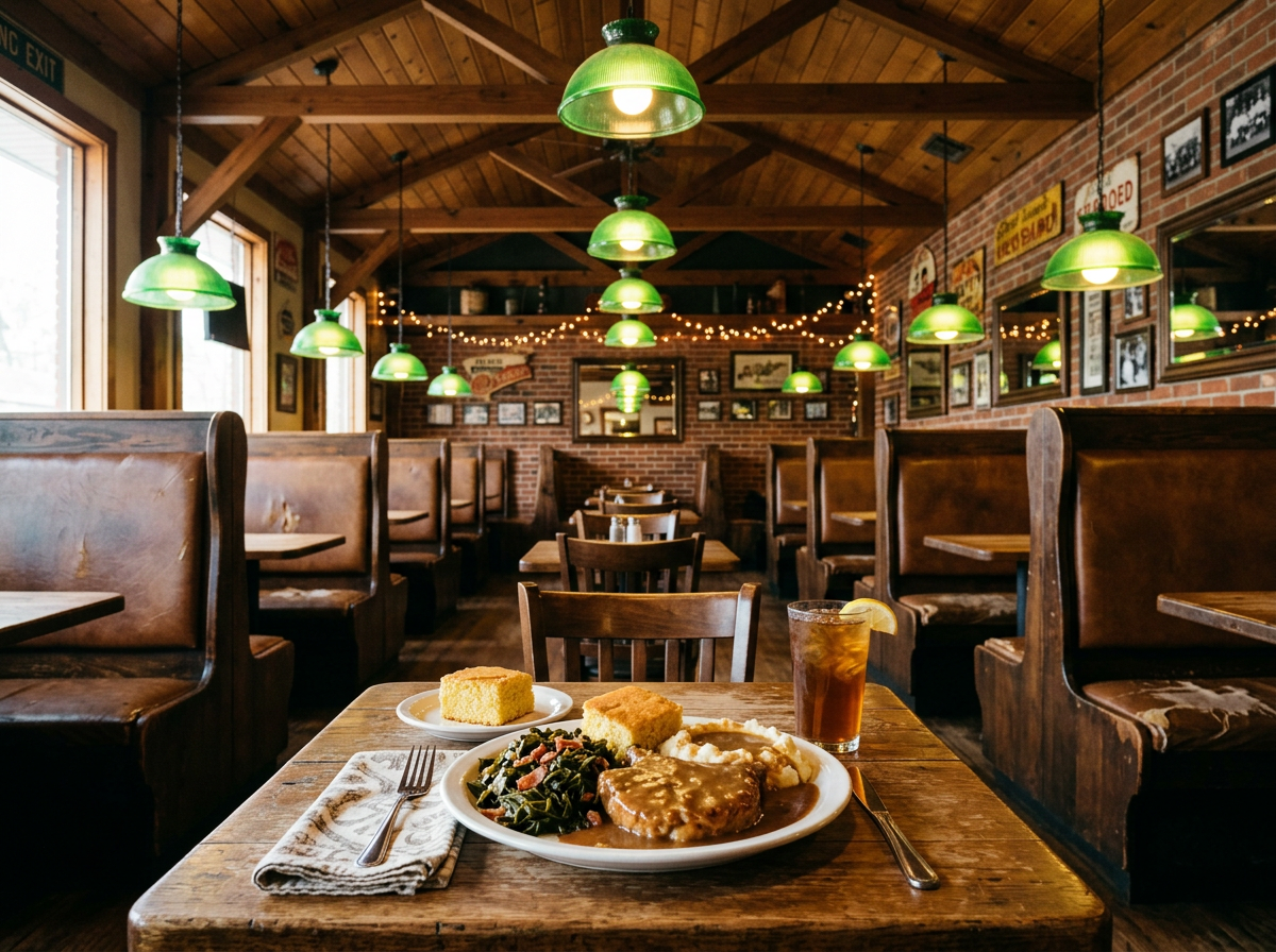 Sample listing photo: smothered pork chop, collard greens and cornbread in a brick-walled diner