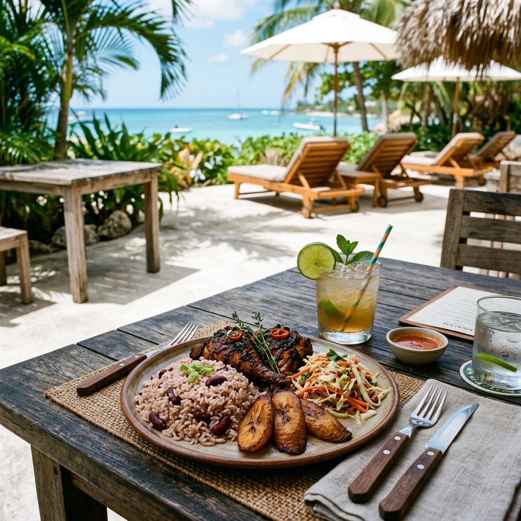 A Caribbean meal of jerk chicken, rice and peas and fried plantains on a sunny patio table