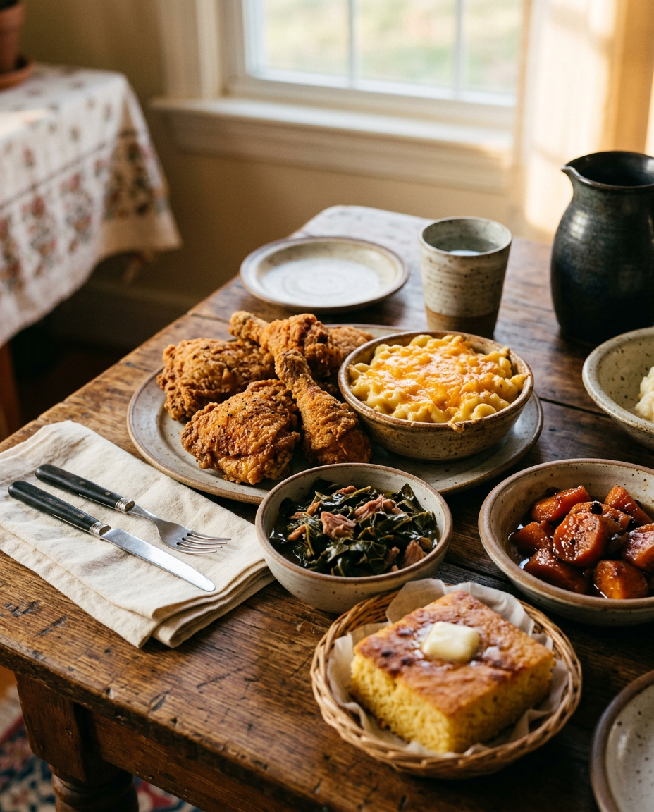 A soul food dinner of fried chicken, mac and cheese, collard greens and cornbread