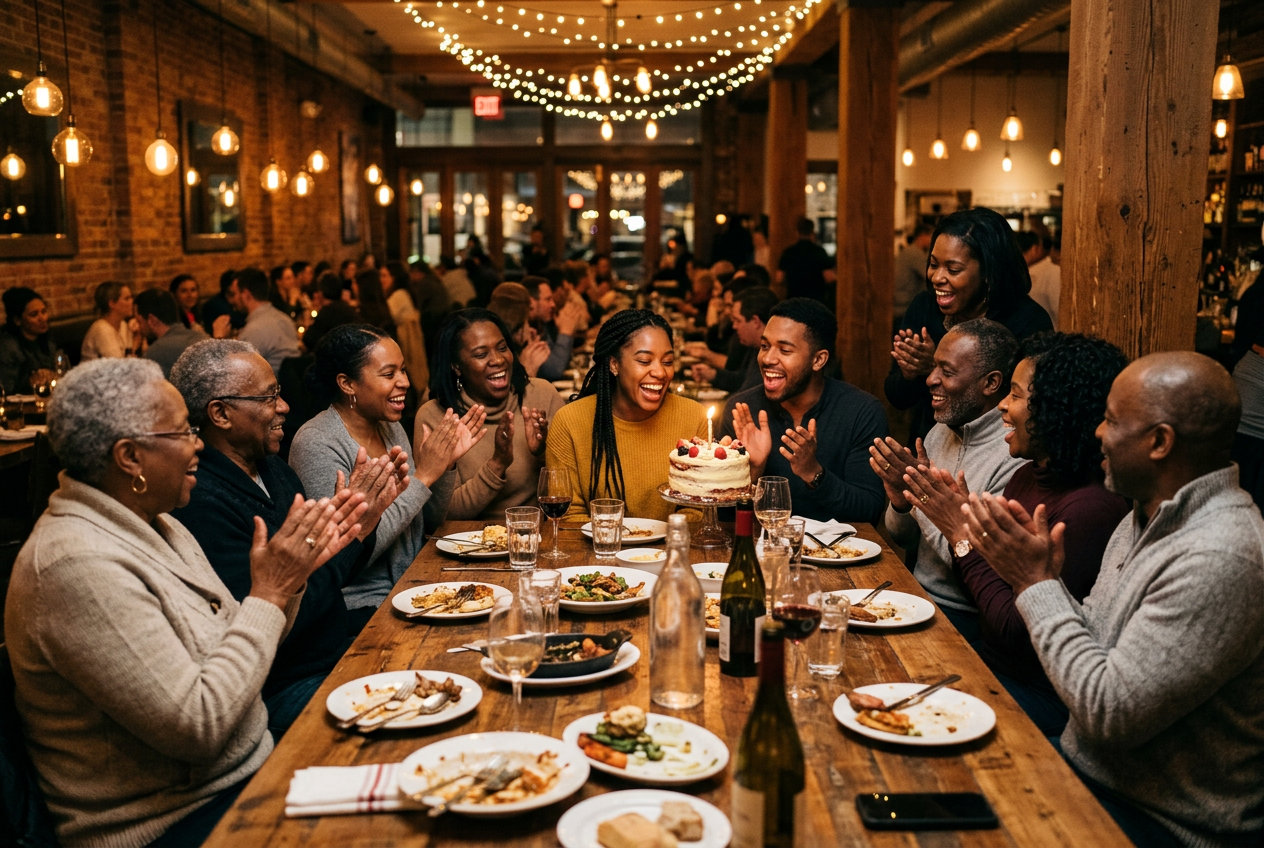 A birthday dinner at a long table, friends and family applauding around a candlelit cake