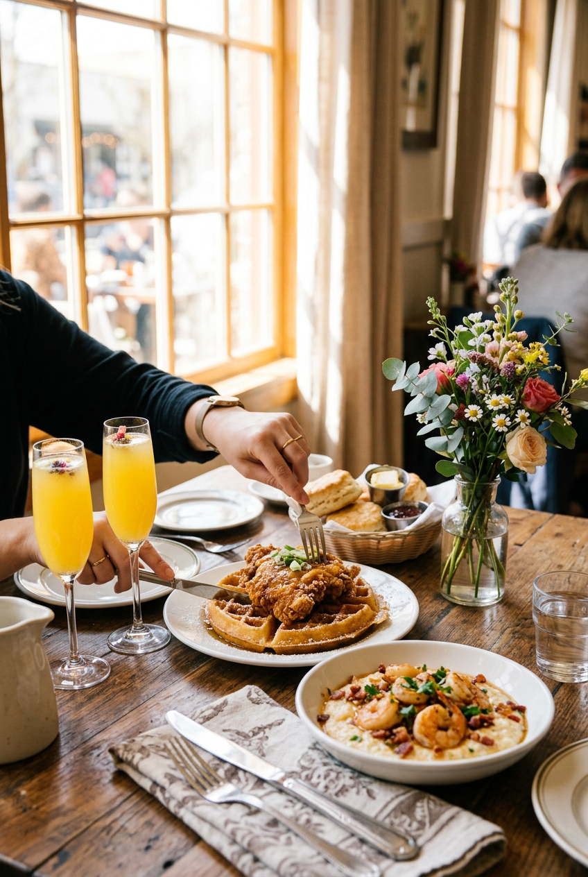 A weekend brunch table with chicken and waffles, shrimp and grits, biscuits and mimosas