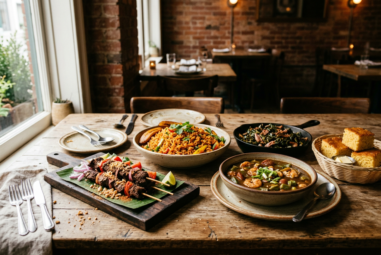 A shared table of jollof rice, suya skewers, gumbo, greens and cornbread