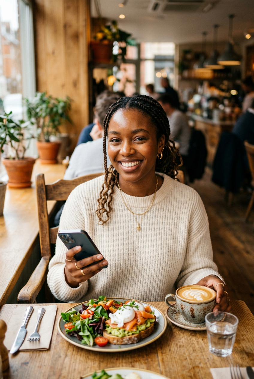 A diner smiling at her phone over brunch and coffee in a Las Vegas cafe